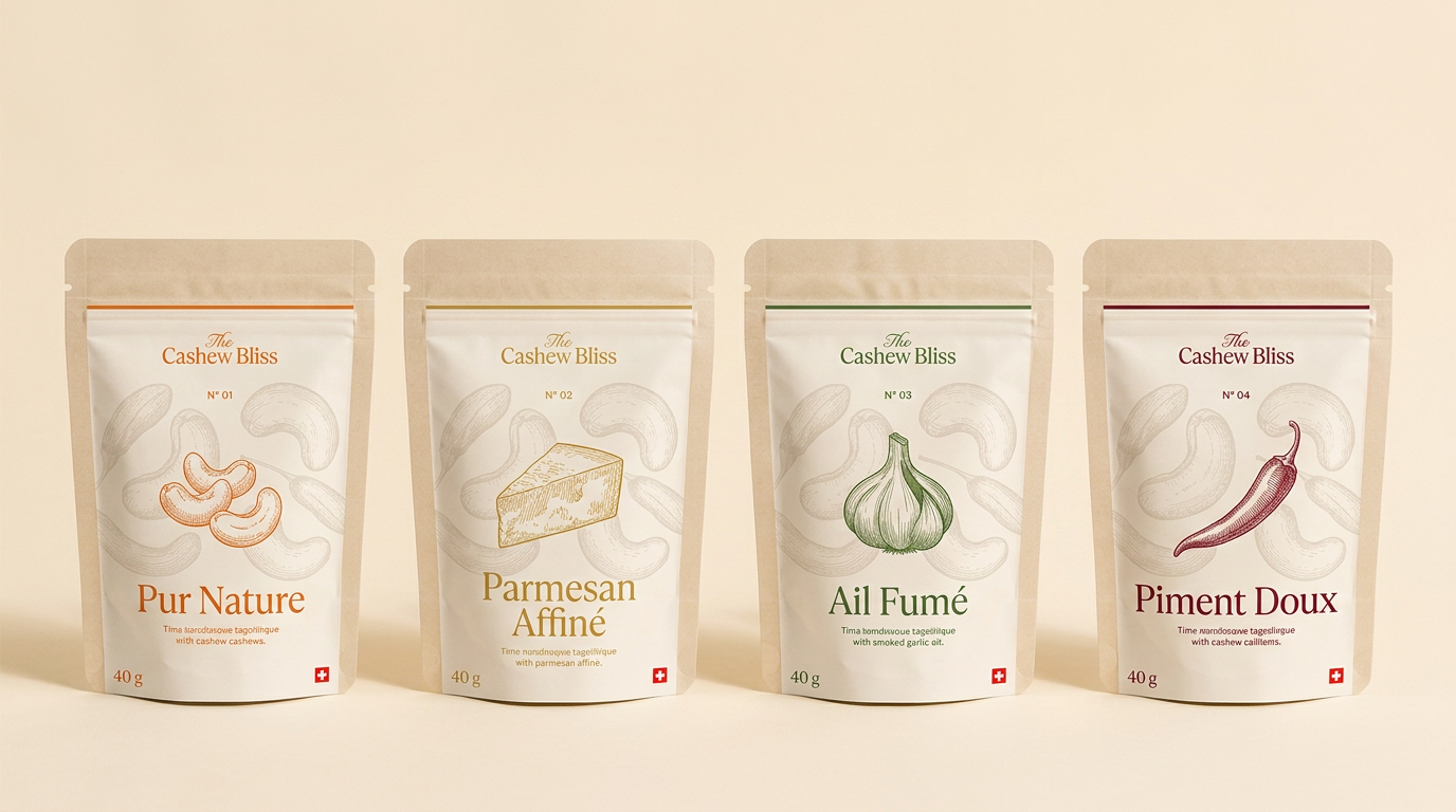 Doypacks de poche crème alignés